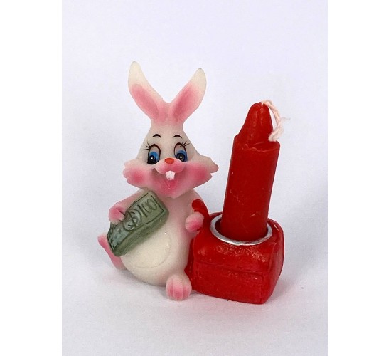 Кролик с денежкой подсвечник со свечой / белый 4,8х3,3х5,6см W-0112