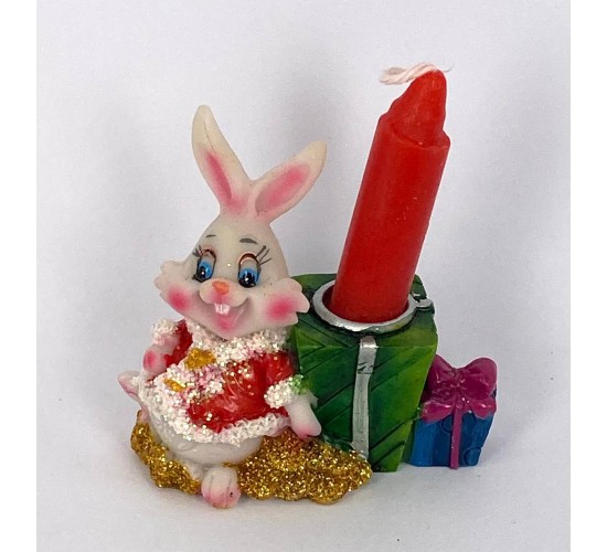 Кролик в шубке / подсвечник со свечой / белый 6см W-0114