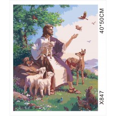 Картина-раскраска по номерам 40x50 "Иисус и зверюшки"