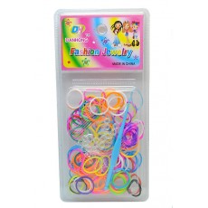 Резинки для плетения браслетов в блистере цветные (100шт) +крючок, клипсы